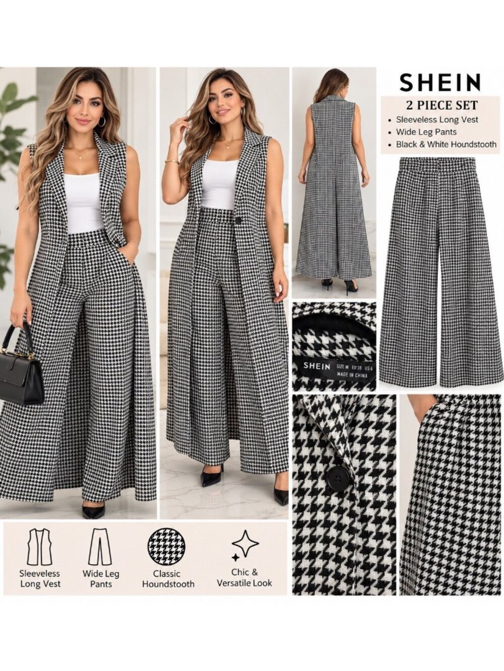 SHEIN Women’s 2 Pieces Houndstooth Long Vest Wide Leg Pants Set Size M Black Whi